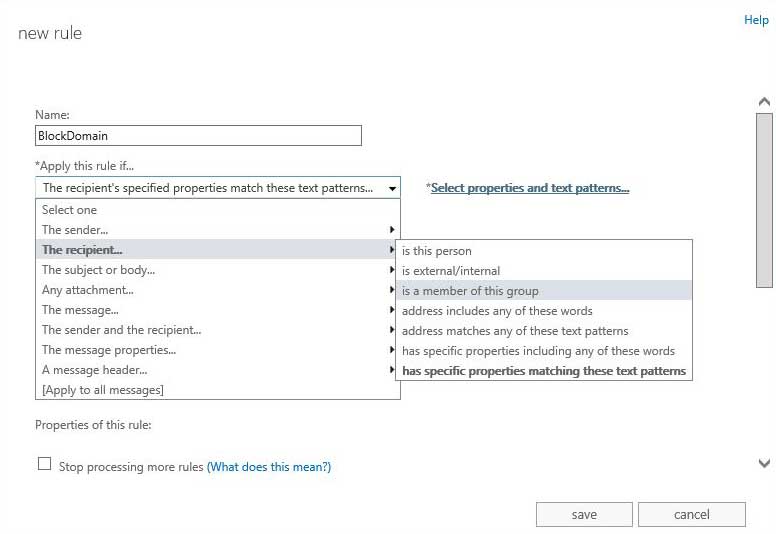 Reject inbound emails sent to a specific domain - Matching Text Patterns