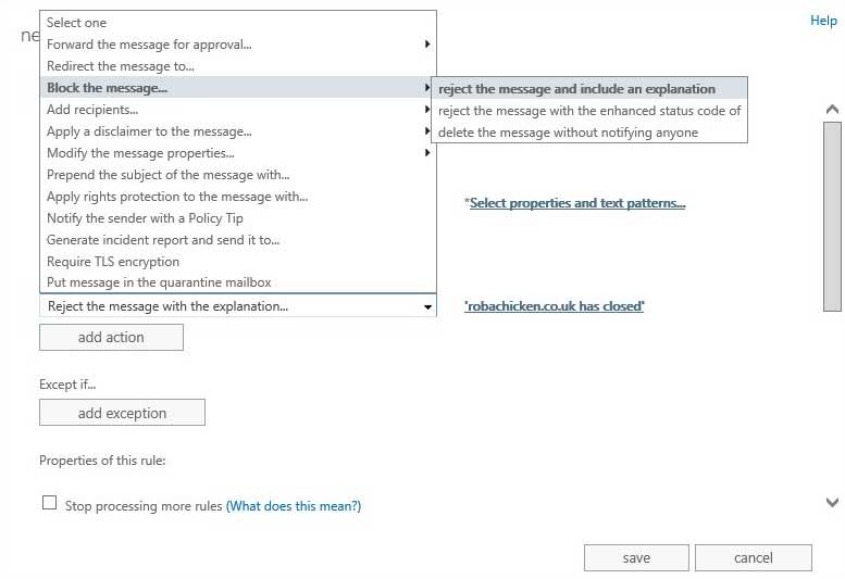 Reject inbound emails sent to a specific domain - Reject Message